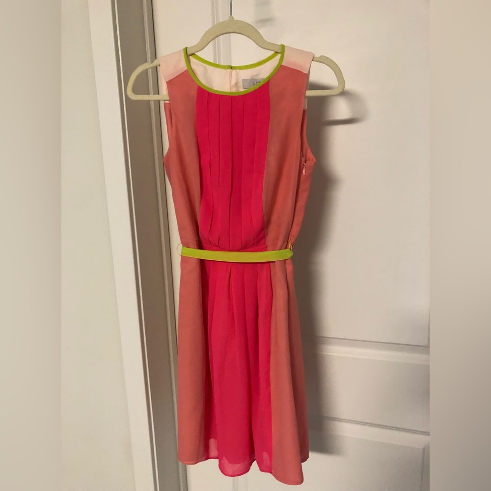 Pink Loft dress with chartreuse belt.